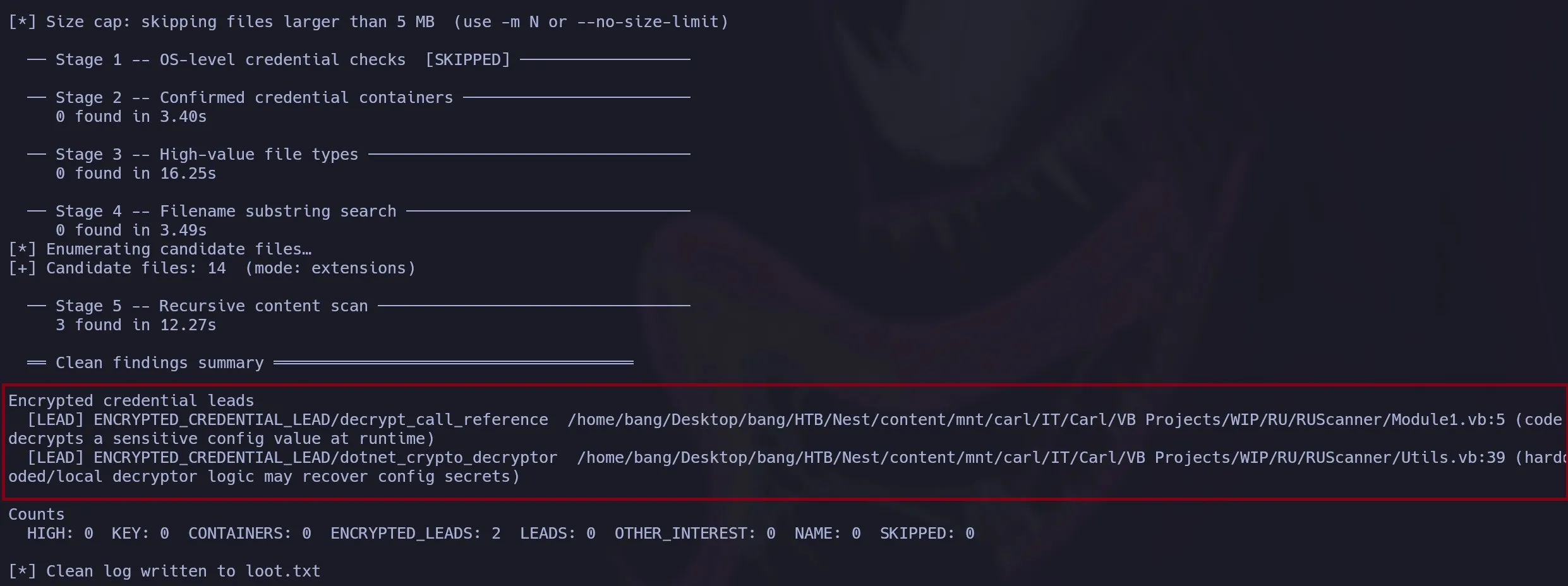 Ejemplo de Credential-Hunting detectando posibles credenciales y archivos de interés
